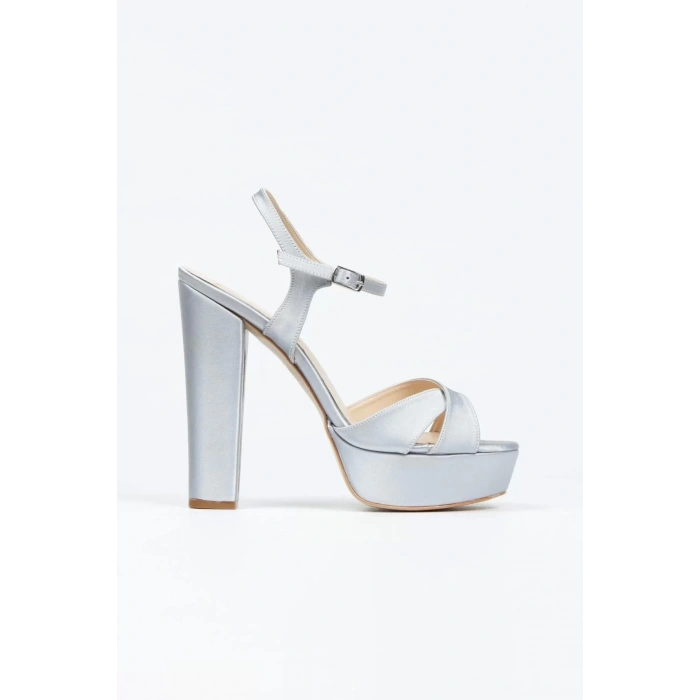 Kadın Moda Şık Gümüş Saten Klasik Ayakkabı Kalın Düğün Nişan Gece Abiye Ayakkabı