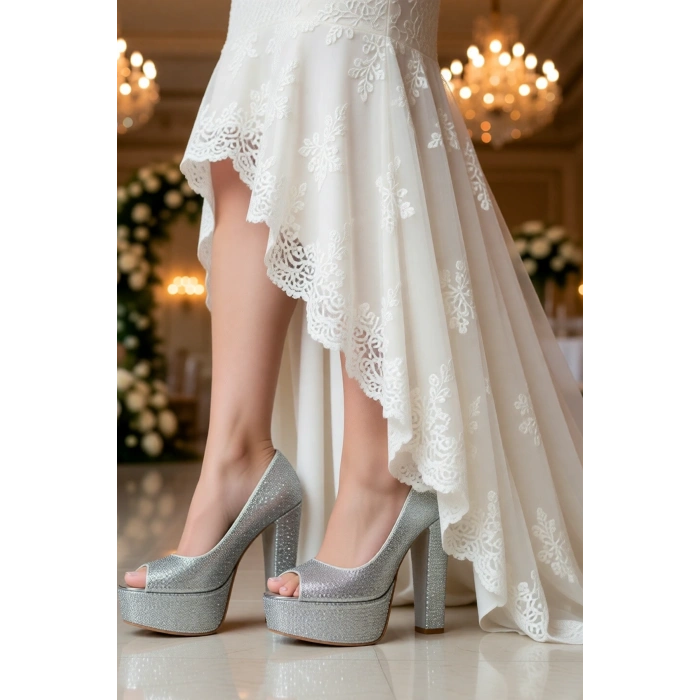 Kadın Moda Şık Gümüş Sultan Taşlı Klasik Köşe Kalıplı Kalın Düğün Nişan Gece Abiye Ayakkabı