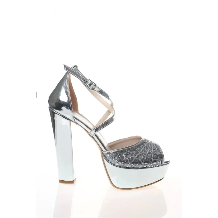 Kadın Moda Şık Gümüş Topuklu Zarif Tasarım Yüksek Topuk Düğün Nişan Gece Abiye Ayakkabı