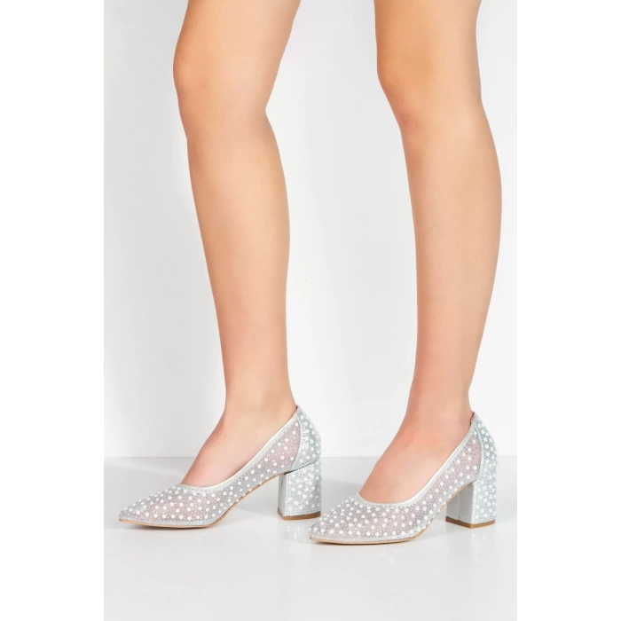 Kadın Moda Şık Gümüş Tül Inci Taşlı Klasik Düğün Nişan Gece Abiye Ayakkabı