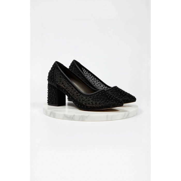 Kadın Moda Şık Gümüş Tül Inci Taşlı Klasik Düğün Nişan Gece Abiye Ayakkabı