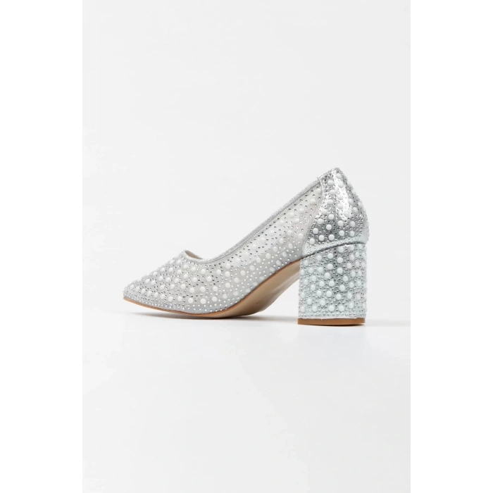 Kadın Moda Şık Gümüş Tül Inci Taşlı Klasik Düğün Nişan Gece Abiye Ayakkabı