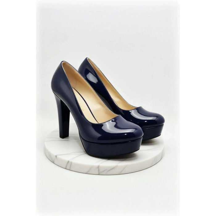 Kadın Moda Şık Lacivert Klasik Topuklu Ayakkabı Topuklu Düğün Nişan Gece Abiye Ayakkabı
