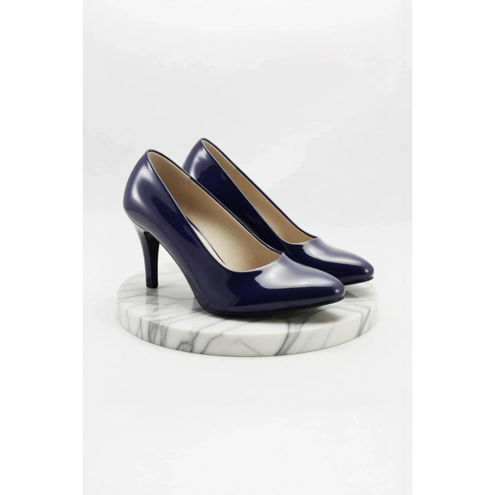 Kadın Moda Şık Lacivert Klasik Topuklu Ayakkabı Topuklu Düğün Nişan Gece Abiye Ayakkabısı