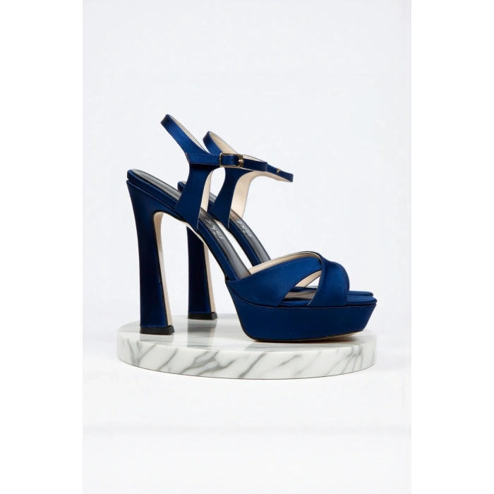 Kadın Moda Şık Lacivert Saten Klasik Aynalı Düğün Nişan Gece Abiye Ayakkabısı