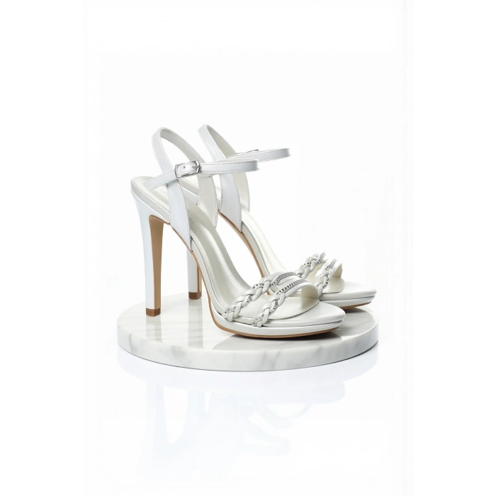 Kadın Moda Şık Platin Ayna Örgü Taş Topuklu Zarif Tasarım Düğün Nişan Gece Abiye Ayakkabı