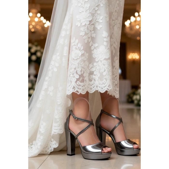 Kadın Moda Şık Platin Ayna Topuklu Zarif Tasarım Yüksek Topuk Düğün Nişan Gece Abiye Ayakkabı
