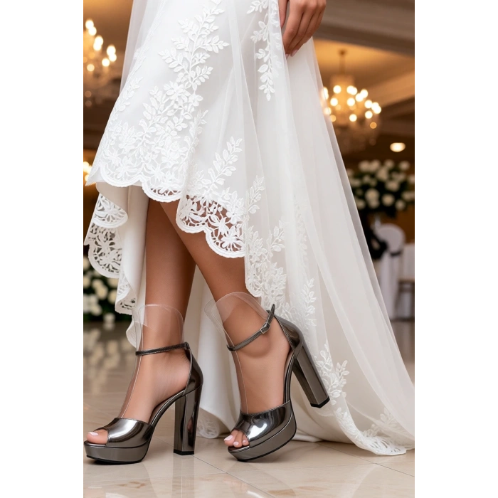 Kadın Moda Şık Platin Ayna Topuklu Zarif Tasarım Yüksek Topuk Düğün Nişan Gece Abiye Ayakkabı