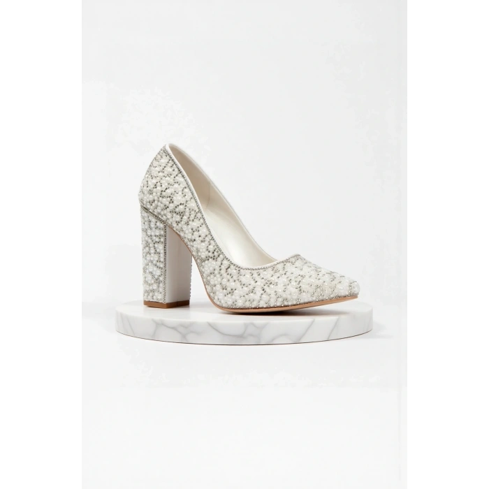 Kadın Moda Şık Rose Sultan Inci Taşlı Klasik Sivri Kalın Düğün Nişan Gece Abiye Ayakkabı