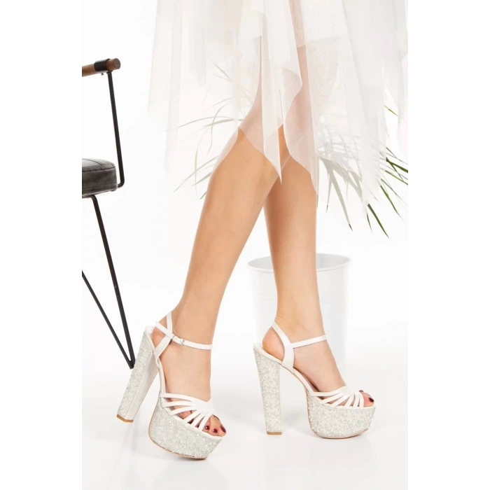 Kadın Moda Şık Sedef Cilt Çapraz Ökçe Poli Inci Düğün Nişan Gece Abiye Ayakkabı