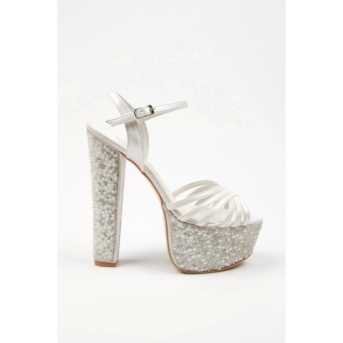 Kadın Moda Şık Sedef Cilt Çapraz Ökçe Poli Inci Düğün Nişan Gece Abiye Ayakkabı