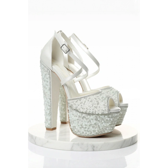 Kadın Moda Şık Sedef Cilt Full Inci Taş Topuklu Zarif Tasarım Düğün Nişan Gece Abiye Ayakkabı