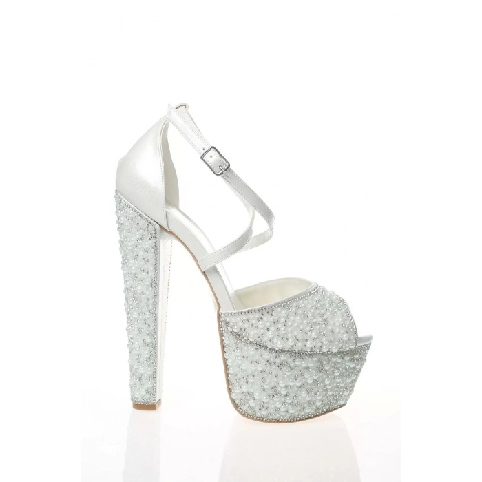 Kadın Moda Şık Sedef Cilt Full Inci Taş Topuklu Zarif Tasarım Düğün Nişan Gece Abiye Ayakkabı