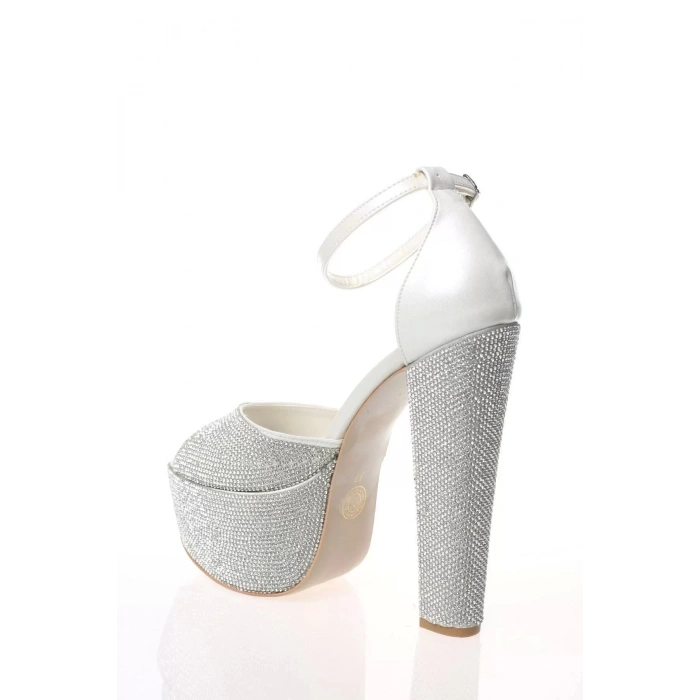 Kadın Moda Şık Sedef Cilt Full Taş Topuklu Zarif Tasarım Düğün Nişan Gece Abiye Ayakkabı