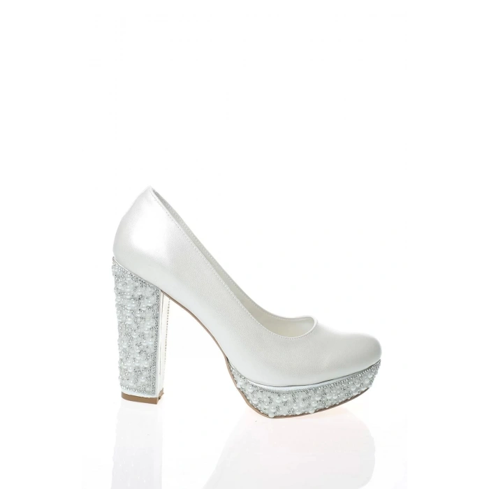 Kadın Moda Şık Sedef Cilt Ökçe Poli İnci Taş Topuklu Düğün Nişan Gece Abiye Ayakkabı