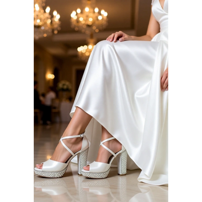 Kadın Moda Şık Sedef Cilt Ökçe Poli İnci Taş Topuklu Düğün Nişan Gece Abiye Ayakkabısı