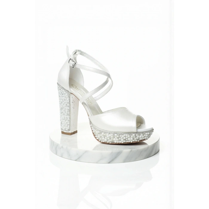 Kadın Moda Şık Sedef Cilt Ökçe Poli İnci Taş Topuklu Düğün Nişan Gece Abiye Ayakkabısı