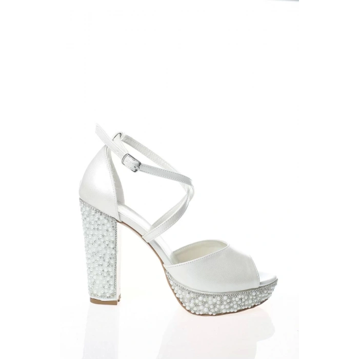 Kadın Moda Şık Sedef Cilt Ökçe Poli İnci Taş Topuklu Düğün Nişan Gece Abiye Ayakkabısı