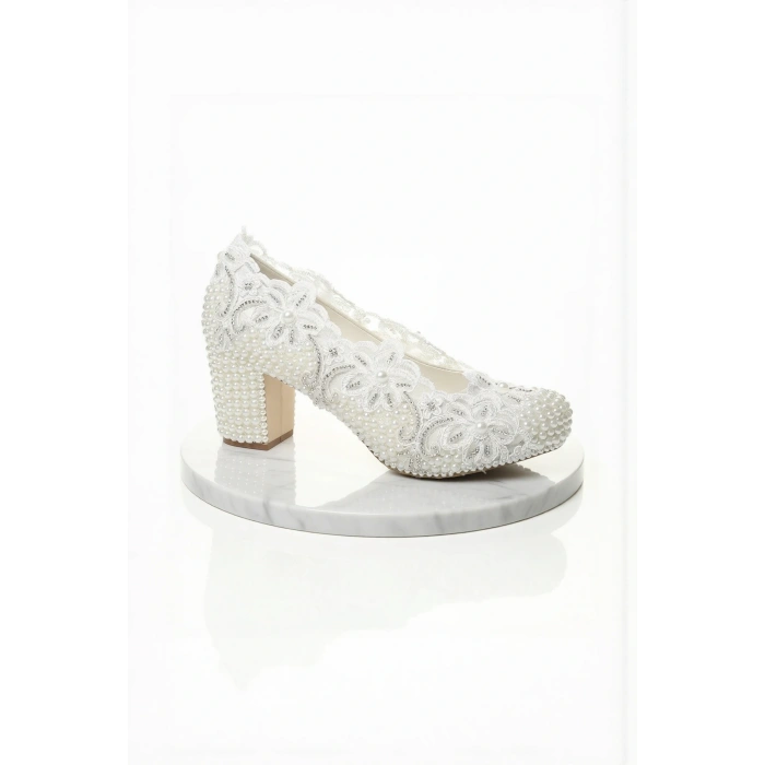 Kadın Moda Şık Sedef Inci Taş Işlemeli Gelin Ayakkabı Topuklu Düğün Nişan Gece Abiye Ayakkabı
