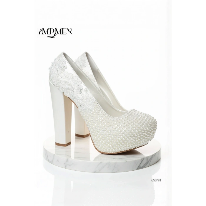 Kadın Moda Şık Sedef İnci Taş İşlemeli Gelin Ayakkabı Topuklu Düğün Nişan Gece Abiye Ayakkabı