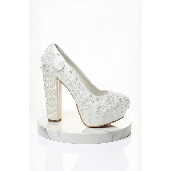 Kadın Moda Şık Sedef Inci Taş Işlemeli Gelin Ayakkabı Topuklu Düğün Nişan Gece Abiye Ayakkabı