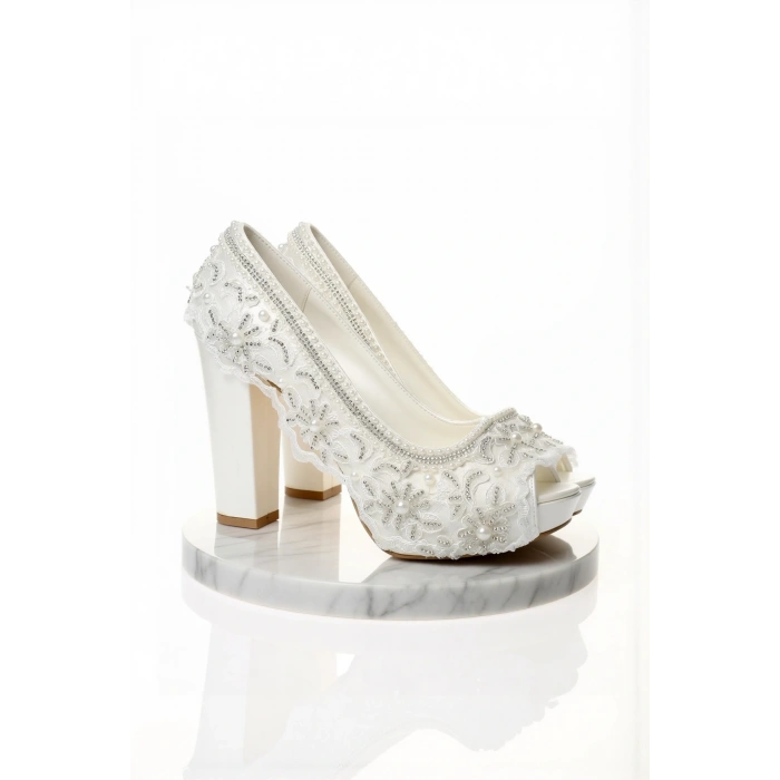 Kadın Moda Şık Sedef Inci Taş Işlemeli Gelin Ayakkabı Topuklu Düğün Nişan Gece Abiye Ayakkabı