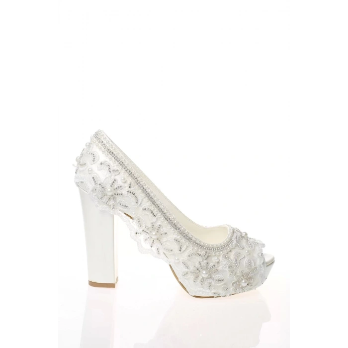 Kadın Moda Şık Sedef Inci Taş Işlemeli Gelin Ayakkabı Topuklu Düğün Nişan Gece Abiye Ayakkabı