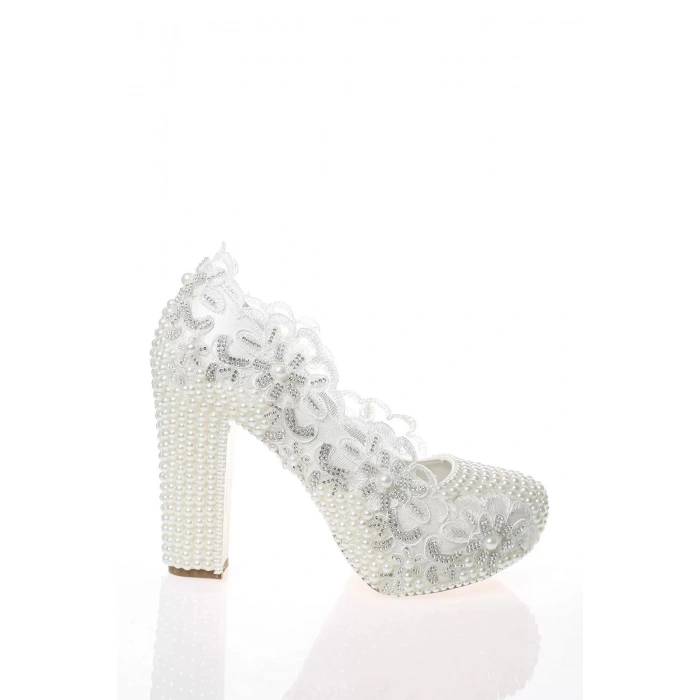 Kadın Moda Şık Sedef Inci Taş Işlemeli Gelin Ayakkabı Topuklu Düğün Nişan Gece Abiye Ayakkabı
