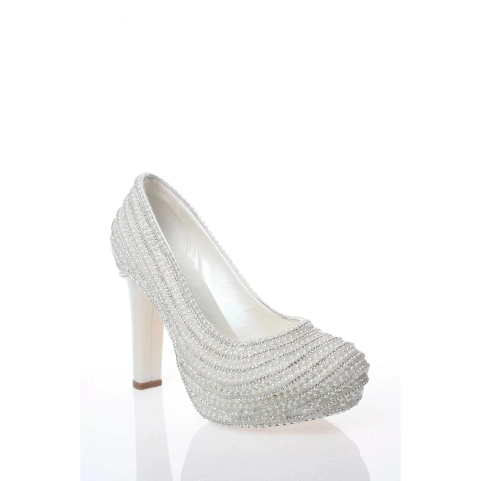 Kadın Moda Şık Sedef Inci Taş Işlemeli Gelin Ayakkabı Topuklu Düğün Nişan Gece Abiye Ayakkabı