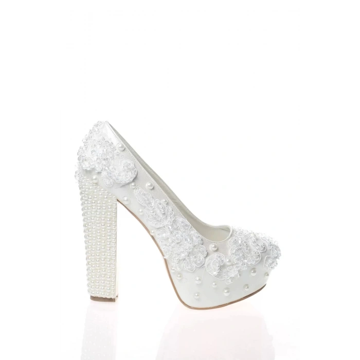 Kadın Moda Şık Sedef Inci Taş Işlemeli Gelin Ayakkabı Topuklu Düğün Nişan Gece Abiye Ayakkabı