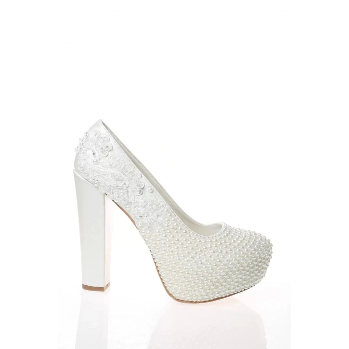 Kadın Moda Şık Sedef İnci Taş İşlemeli Gelin Ayakkabı Topuklu Düğün Nişan Gece Abiye Ayakkabı