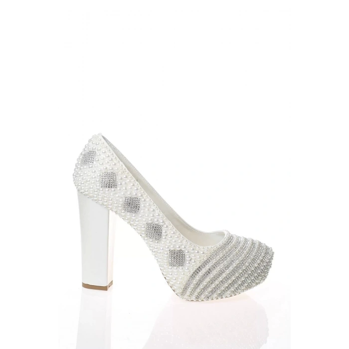 Kadın Moda Şık Sedef Inci Taş Işlemeli Gelin Ayakkabı Topuklu Düğün Nişan Gece Abiye Ayakkabısı
