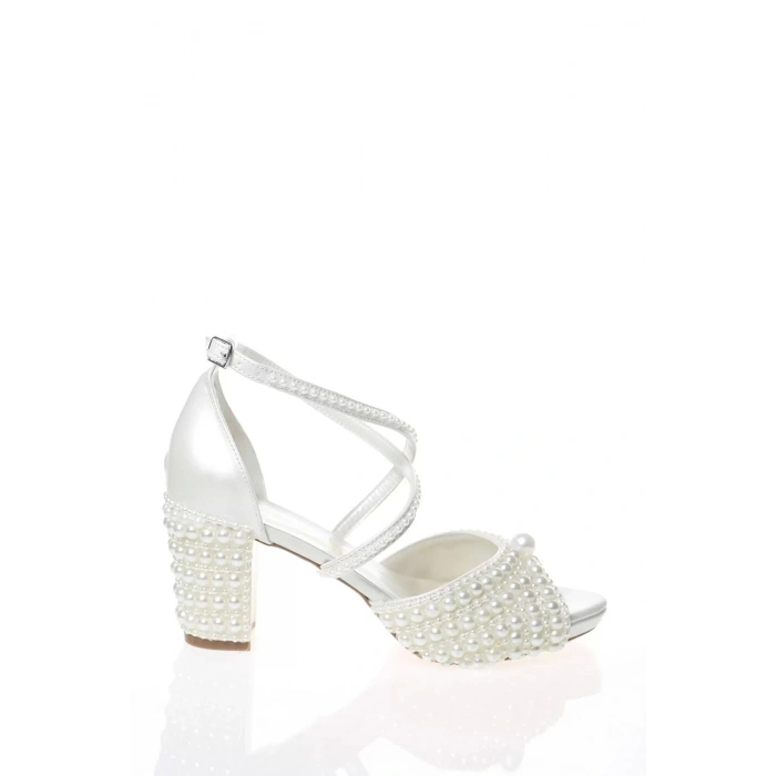 Kadın Moda Şık Sedef İnci Taş İşlemeli Gelin Ayakkabı Topuklu Düğün Nişan Gece Abiye Ayakkabısı