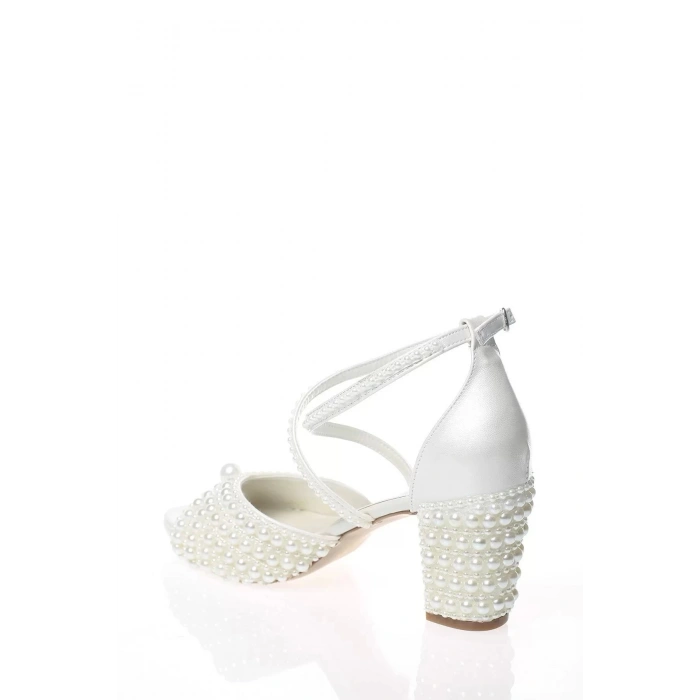 Kadın Moda Şık Sedef İnci Taş İşlemeli Gelin Ayakkabı Topuklu Düğün Nişan Gece Abiye Ayakkabısı