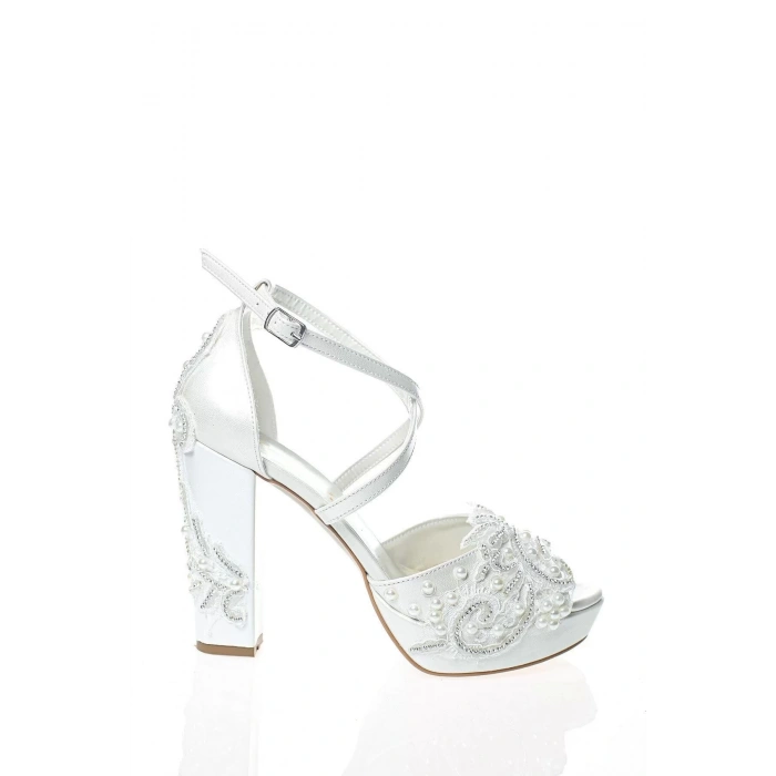 Kadın Moda Şık Sedef İnci Taş İşlemeli Gelin Ayakkabısı Topuklu Düğün Nişan Gece Abiye Ayakkabı
