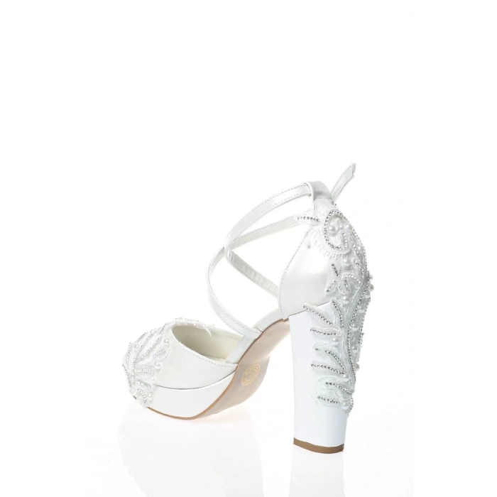 Kadın Moda Şık Sedef İnci Taş İşlemeli Gelin Ayakkabısı Topuklu Düğün Nişan Gece Abiye Ayakkabı