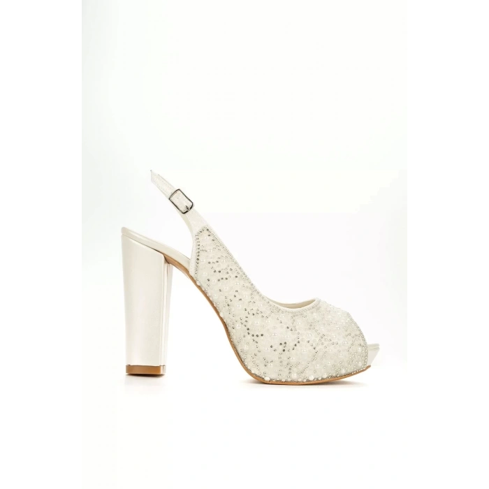 Kadın Moda Şık Sedef İnci Taş Topuklu Zarif Tasarım Düğün Nişan Gece Abiye Ayakkabı