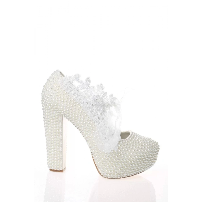 Kadın Moda Şık Sedef Taş İşlemeli Topuklu Zarif Tasarım Düğün Nişan Gece Abiye Ayakkabı