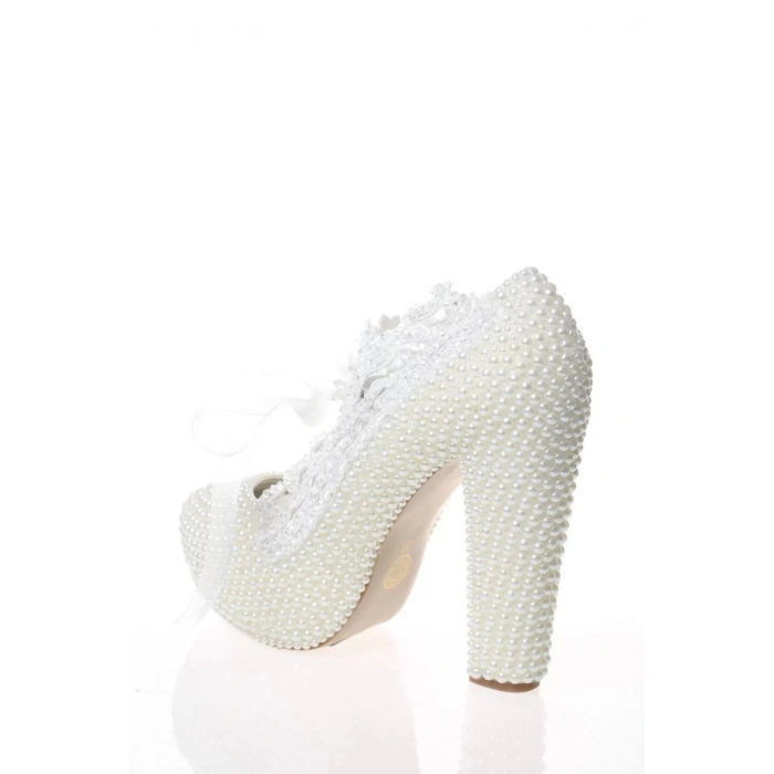 Kadın Moda Şık Sedef Taş İşlemeli Topuklu Zarif Tasarım Düğün Nişan Gece Abiye Ayakkabı