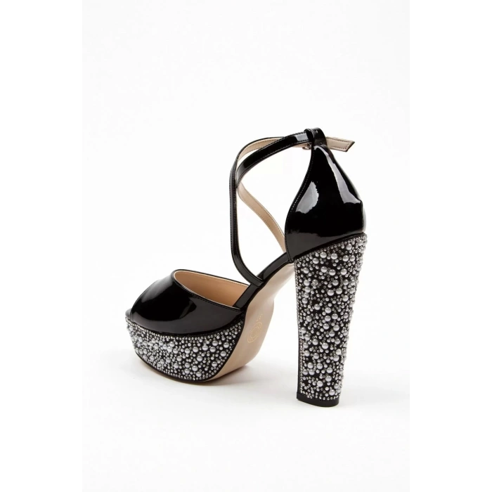 Kadın Moda Şık Siyah Rugan Ökçe Poli Inci Düğün Nişan Gece Abiye Ayakkabı