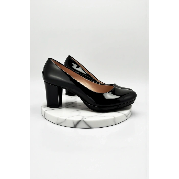 Kadın Moda Şık Siyah Rugan Topuklu Ayakkabı Topuklu Düğün Nişan Gece Abiye Ayakkabı