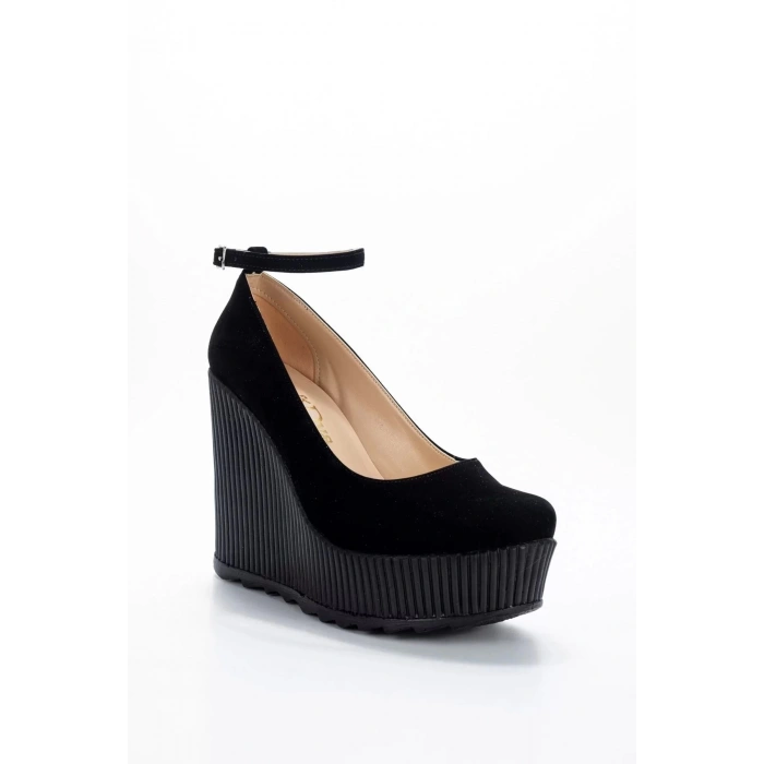 Kadın Moda Şık Siyah Süet Dolgu Topuklu Ayakkabı Topuklu Düğün Nişan Gece Abiye Ayakkabısı