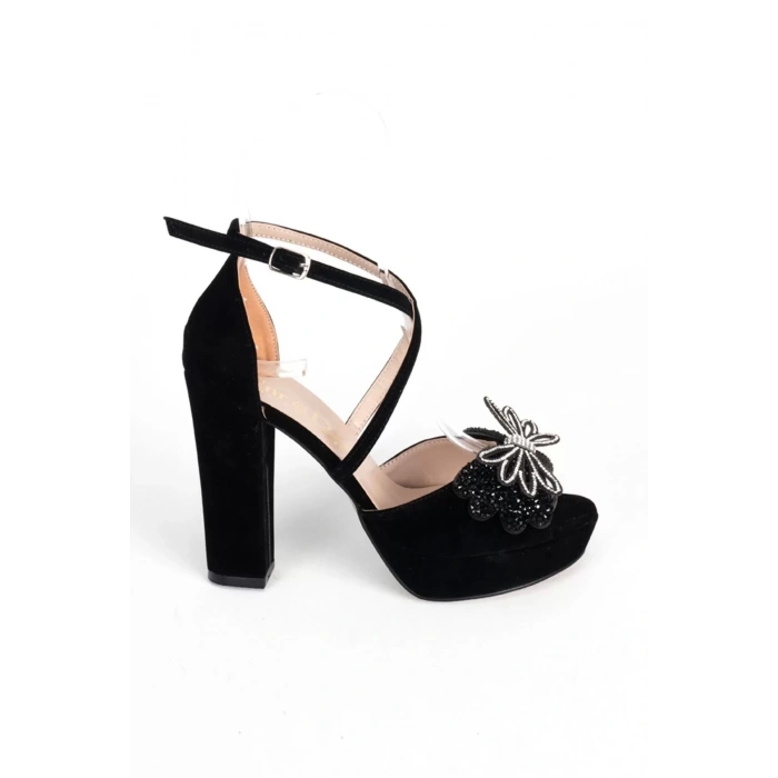 Kadın Moda Şık Siyah Süet Taşlı Topuklu Zarif Tasarım Düğün Nişan Gece Abiye Ayakkabı