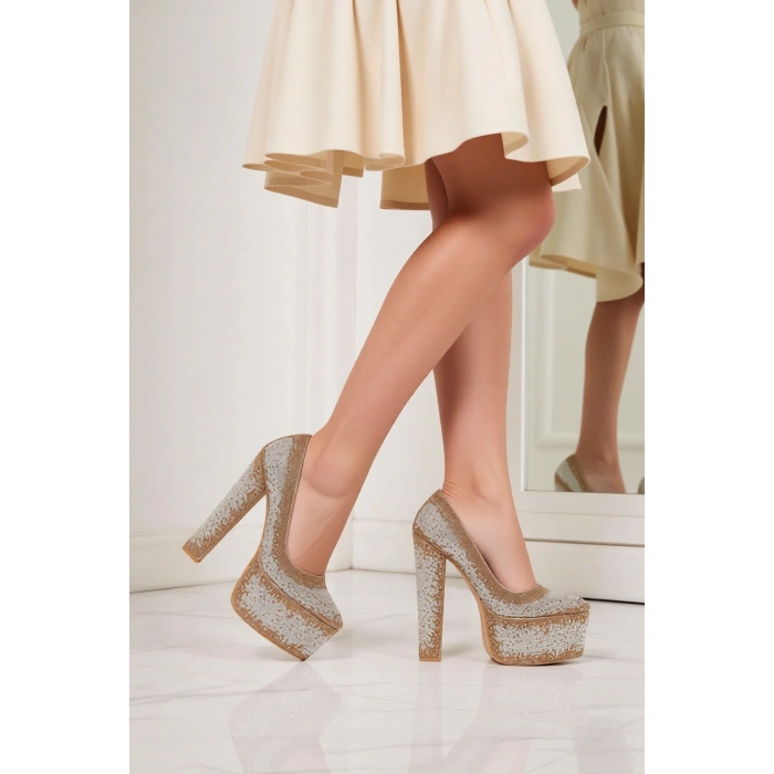 Kadın Moda Şık Sultan Çift Renktaşlı Klasik Sivri Kalın Topuklu Düğün Nişan Gece Abiye Ayakkabı