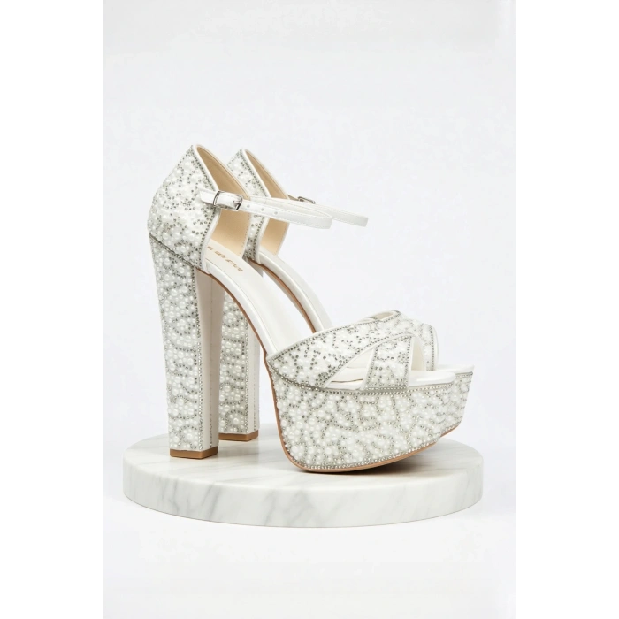 Kadın Moda Şık Sultan Inci Taşlı Çapraz Klasik Topuklu Platformlu Düğün Nişan Gece Abiye Ayakkabı