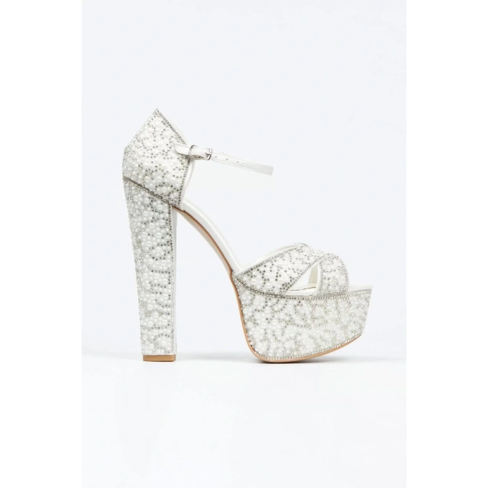 Kadın Moda Şık Sultan Inci Taşlı Çapraz Klasik Topuklu Platformlu Düğün Nişan Gece Abiye Ayakkabı