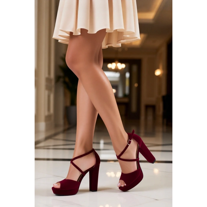 Kadın Moda Şık Yeni Bordo Süet Topuklu Zarif Tasarım Düğün Nişan Gece Abiye Ayakkabı