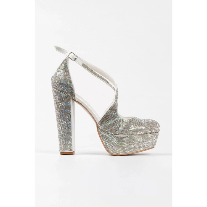 Kadın Moda Sultan Çift Renk Taşlı Çapraz Klasik Topuklu Platformlu Düğün Nişan Gece Abiye Ayakkabı