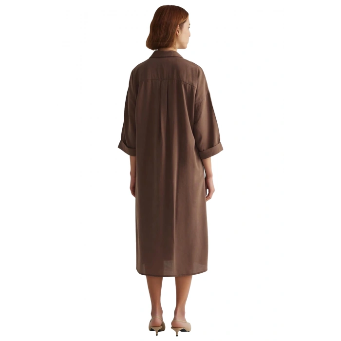 Kadın Modal Gömlek Yaka Düz Desen Truvakar Kol Düğmeli Astarsız Midi Boy Elbise İlkbahar