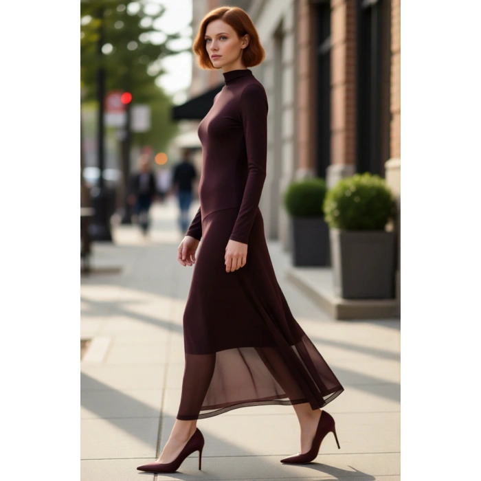 Kadın Modern A Kesim Uzun Kollu Dik Yaka Astarlı Kalın Sandy Dokuma Kışlık Midi Elbise Kaliteli